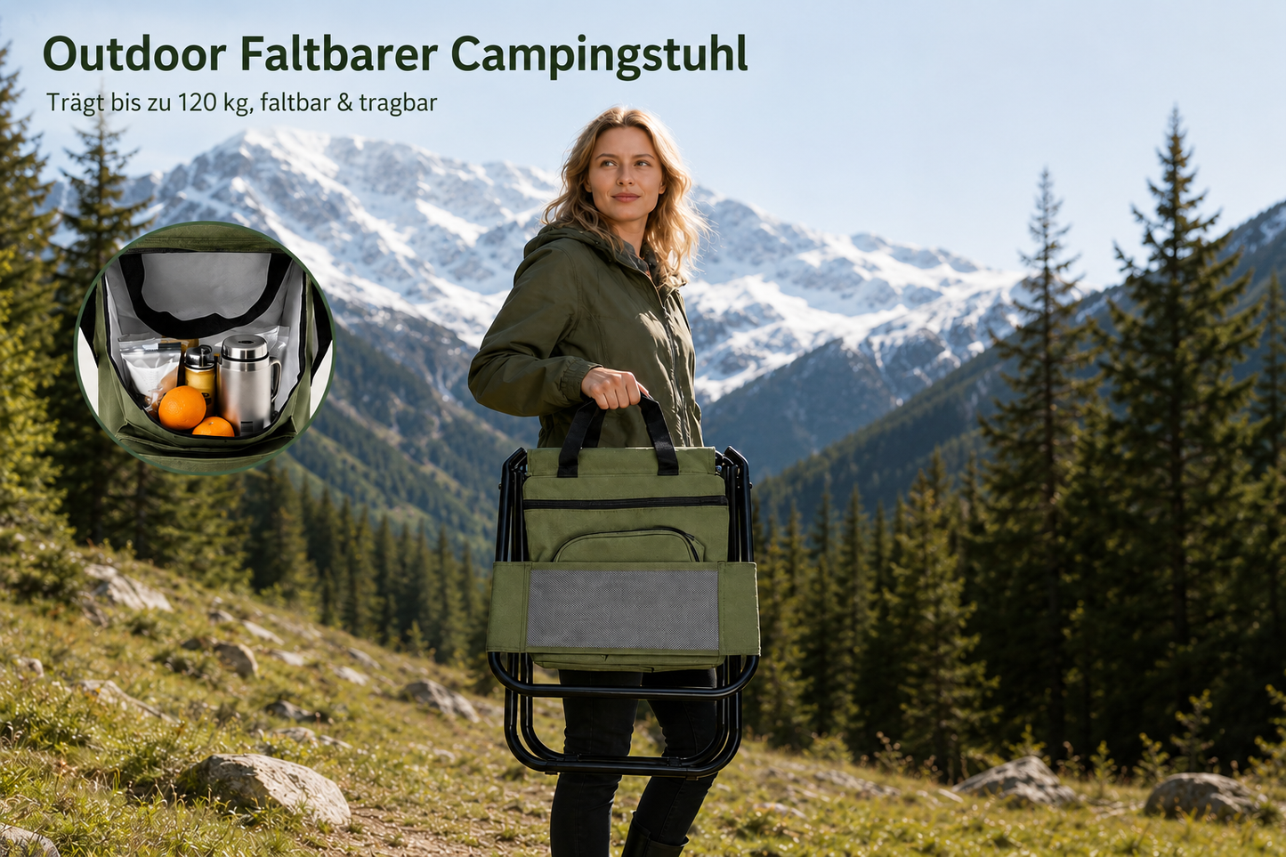 CampNest - 2 in 1 Klappbarer Campingstuhl mit Kühltasche, Tragbarer Outdoor-Sitz für Angeln