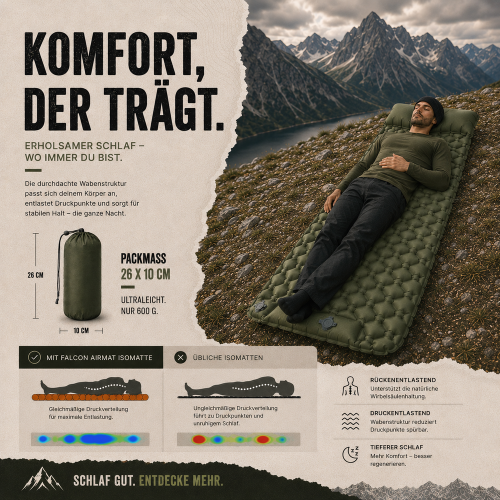 FALCON AirMat ultraleichte Campingmatte, kompakt im Rucksack verstaut