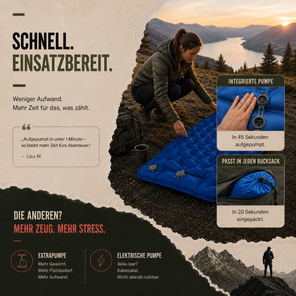 FALCON AirMat aufblasbare Isomatte im Zelt für erholsamen Schlaf