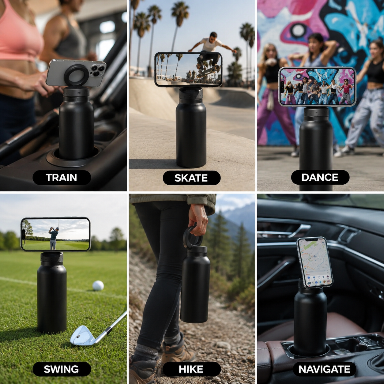 AquaLoop- Sportflasche aus Edelstahl mit magnetischem Telefonhalter, Outdoor Wasserflasche