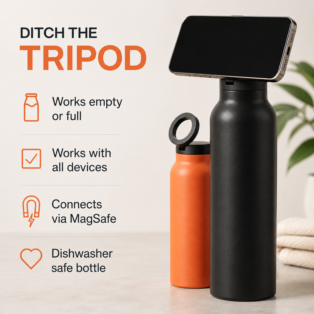 AquaLoop- Sportflasche aus Edelstahl mit magnetischem Telefonhalter, Outdoor Wasserflasche