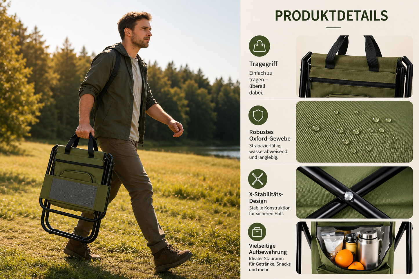 CampNest - 2 in 1 Klappbarer Campingstuhl mit Kühltasche, Tragbarer Outdoor-Sitz für Angeln