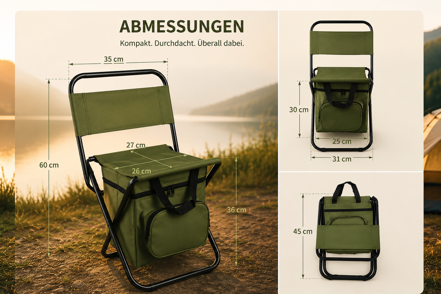CampNest - 2 in 1 Klappbarer Campingstuhl mit Kühltasche, Tragbarer Outdoor-Sitz für Angeln