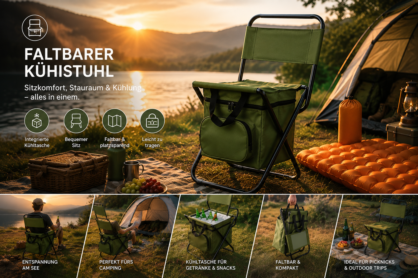 CampNest - 2 in 1 Klappbarer Campingstuhl mit Kühltasche, Tragbarer Outdoor-Sitz für Angeln