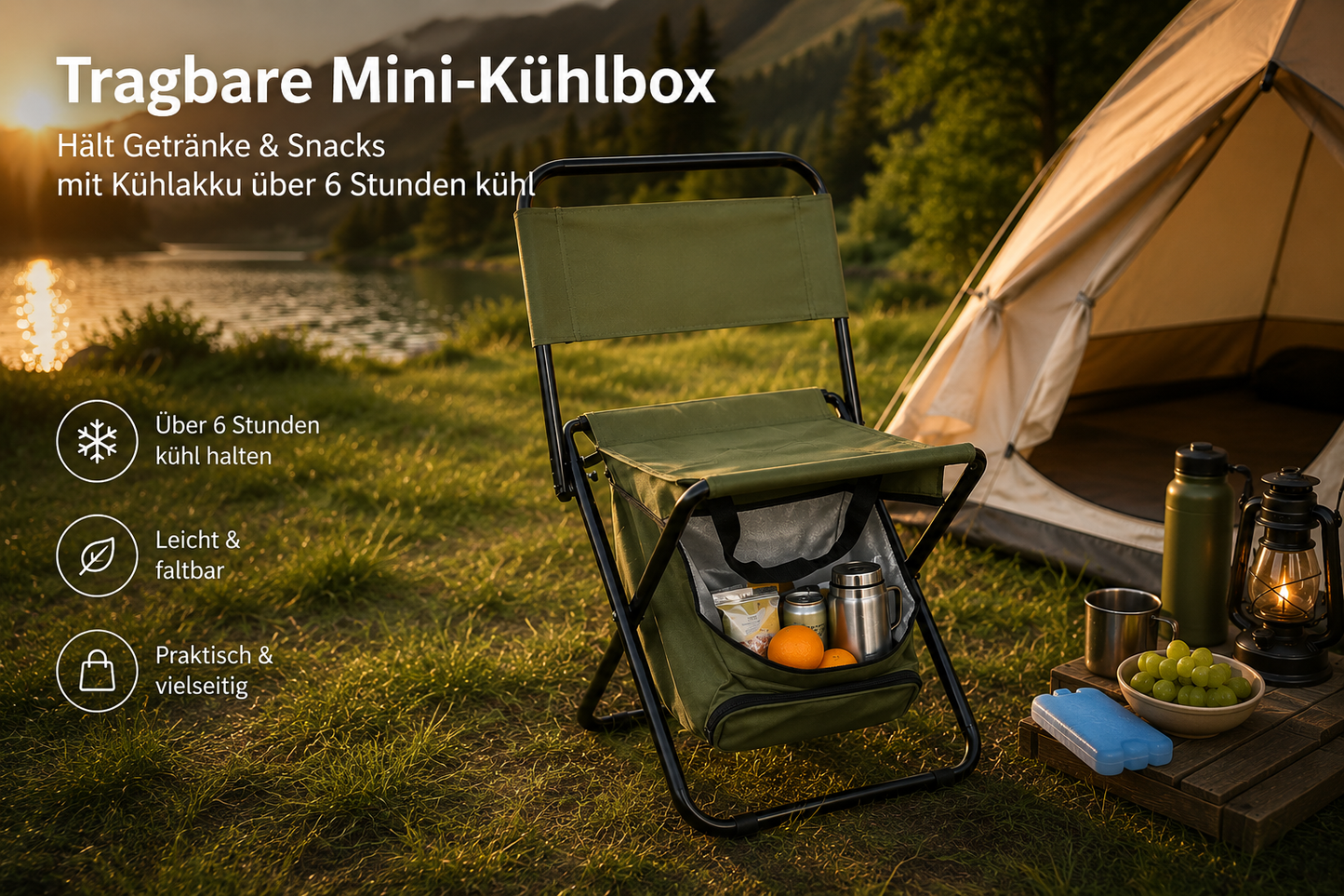 CampNest - 2 in 1 Klappbarer Campingstuhl mit Kühltasche, Tragbarer Outdoor-Sitz für Angeln